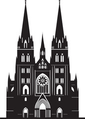 Fototapeta premium Gothic cathedral silhouette vector with tall spires and rose window architectural line art