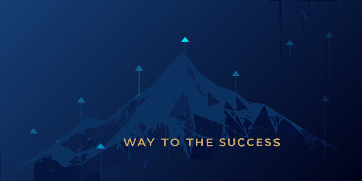 Blue gradient background with mountain peak and upward arrows symbolizing success and progress