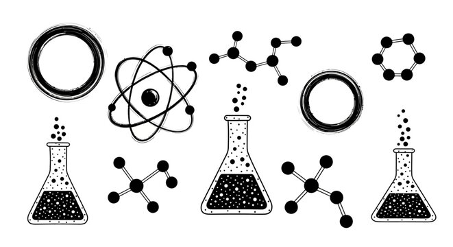 Science Elements - Atoms, Molecules, and Flasks in Black and White.