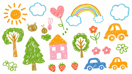 Fototapeta premium Colorful crayon drawings of nature vehicles and whimsical shapes on a white background