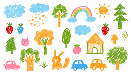 Fototapeta premium Colorful crayon drawing depicting a whimsical landscape with trees fruits animals and a rainbow