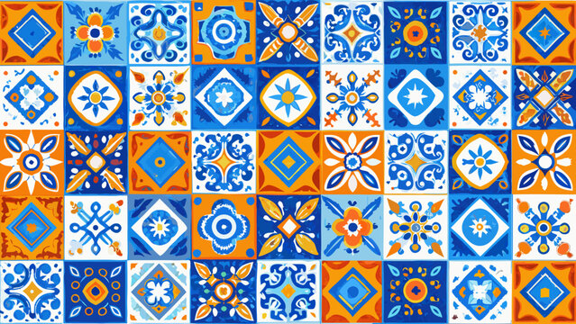 Vibrant blue and orange tile pattern showcasing intricate floral and geometric designs