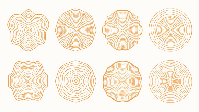 Eight stylized woodcut rings arranged in a grid pattern featuring concentric circles and organic shapes