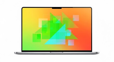 Laptop screen displaying overlapping colorful geometric shapes on gradient background