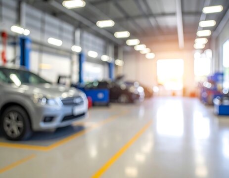 A blurry image of a car in a garage with yellow lines