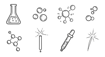 Set of Hand Drawn Science Icons and Symbols for Chemistry and Research. © Dika