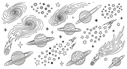 Set of hand drawn space doodles including planets galaxies and comets. © Dika