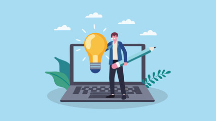 A young man stands with a pencil and lightbulb near a laptop symbolizing creativity and innovation © Ripan