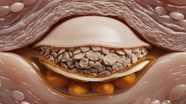 Keratinized cells accumulate at the pore opening, forming a soft plug that traps sebum underneath. The pore dome remains intact and slightly raised