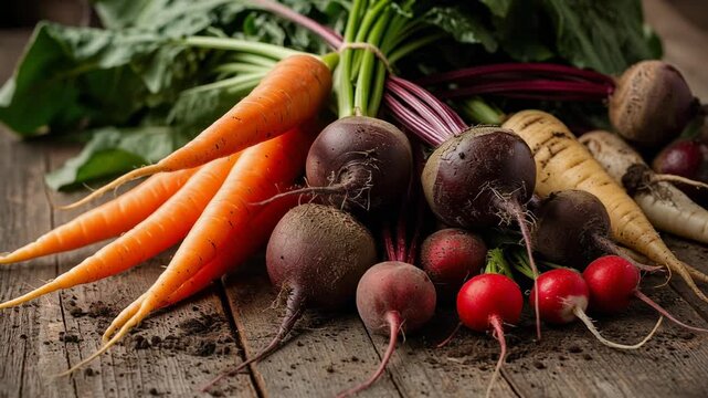 Fresh organic root vegetables with carrots beets radishes and parsnips on rustic wooden table
