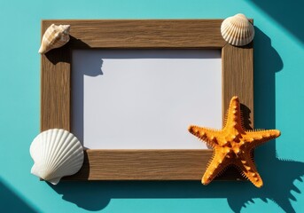 Wooden picture frame with starfish and seashells on blue background for coastal decoration ideas