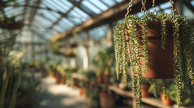 A serene scene of a trailing plant in a glasshouse