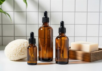 Three amber glass dropper bottles with soap and sponge on white tiled background for skincare or bathroom products