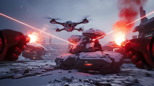 Dynamic Action Scene In a City Ruin Fighting Fire And Drones