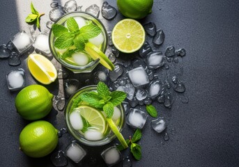 Two glasses of mojito cocktail with lime and mint leaves on dark surface with ice cubes