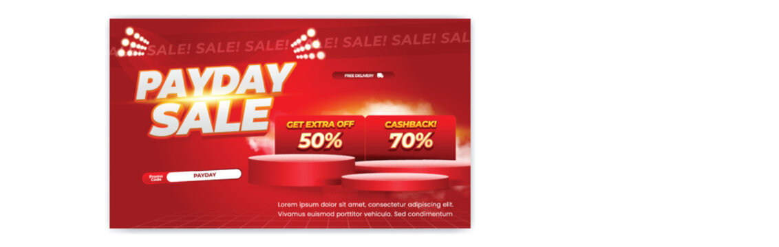 A promotional payday sale advertisement with a red background and discounts