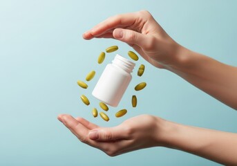 Hands holding and releasing vitamin pills and a bottle on a light blue background