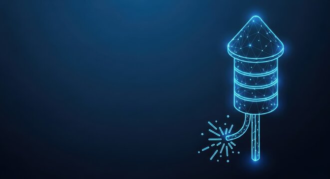 Stylized Wireframe Firework Rocket Igniting with Sparks on a Dark Blue Gradient Background, Festive Celebration Icon