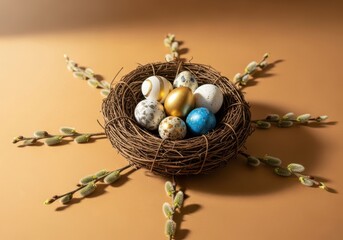 A birds nest filled with colorful eggs on a brown surface with sprigs of wheat or grass around it