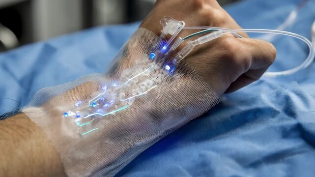 Medium shot of a biocompatible dialysis membrane in a clinical setting highlighting its seamless integration with human tissue for improved patient comfort.