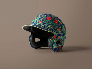 Fototapeta premium Closeup side profile of a baseball helmet adorned with a vibrant floral and berry pattern on a muted background