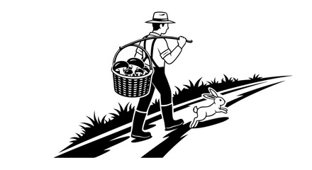 Cartoon vector illustration of a soldier and hunter with rifle or shotgun shown as a black sketch silhouette drawing of people and a horse