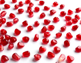 Scattered ruby-red pomegranate seeds on a crisp white surface, illuminated with bright, natural light