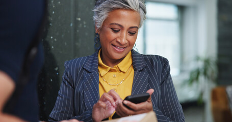 Delivery, phone or mature woman with digital signature in office for package, verify identity or...