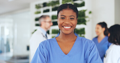 Obraz premium Nurse, woman and happy with portrait in clinic for medical help, career integrity and about us. Healthcare staff, person and smile in hospital for health support, professional service and confidence