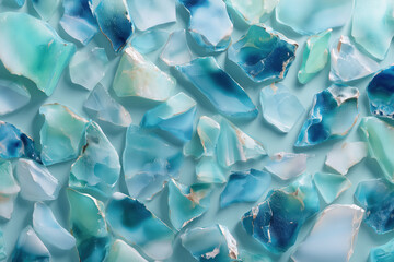Obraz premium Sea glass pieces texture background close-up turquoise blue green aqua ocean tumbled