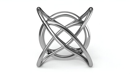 A silver metallic 3D sculpture featuring interconnected loops and a central circular form