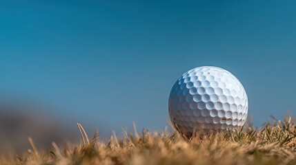 White Golf Ball Resting On Brown Grass Under Sunny Blue Sky