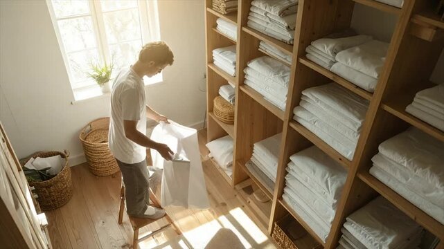 A man folds white linens in a bright room with wood shelves, a basket, and window light