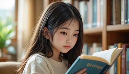 Young girl reading a book in a cozy library setting with bookshelves