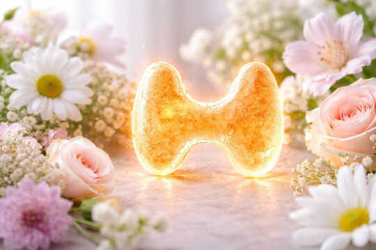 Glowing golden thyroid symbol health concept, hormone balance support, medical anatomy icon amid soft pink rose, white daisy, gypsophila flower arrangement on marble background