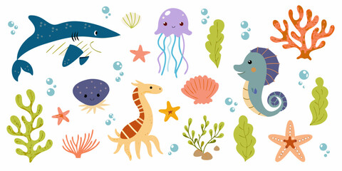 Obraz premium Colorful cartoon illustration of various marine life and underwater plants