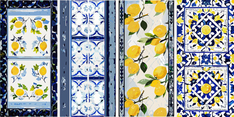 A vibrant collection of blue and white lemon patterned ceramic tiles © Bijoy