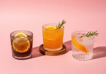 Three glasses of colorful cocktails with orange slices and rosemary on a pink background