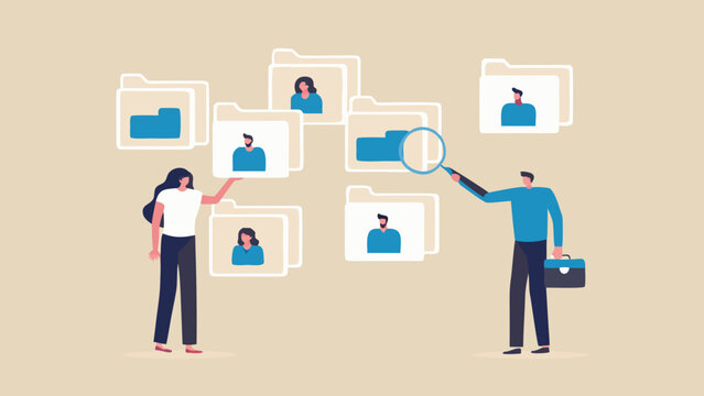 Team collaboration and digital recruitment with floating profile folders