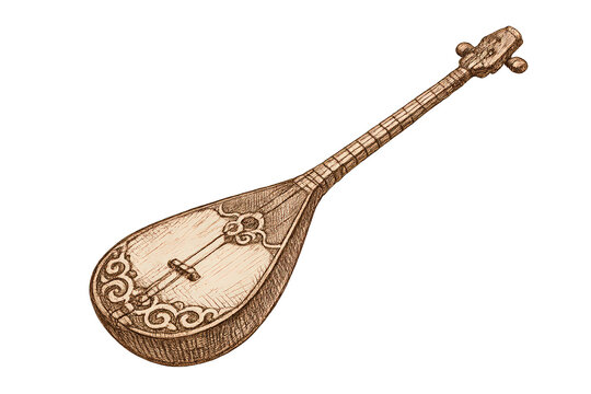 Kazakh dombra musical instrument sketch illustration with traditional decoration, folk lute for central asian culture