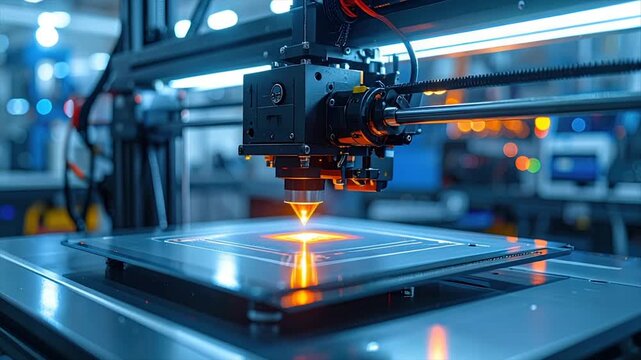 Close-up of a laser machine, emitting an intense orange beam onto a surface