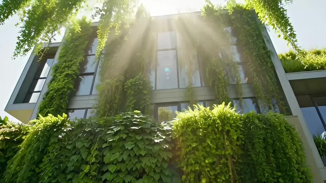 Modern green building architecture with nature plant on facade showing eco sustainable design in sunlight