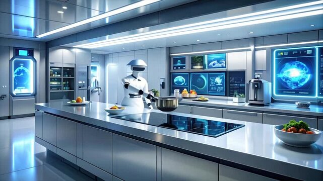 Futuristic kitchen with robot chef preparing food, futuristic screens and a high-tech vibe