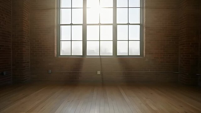 Large window with light in room of loft architecture showing empty floor and interior