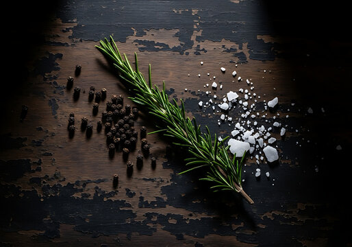 A moody culinary flat lay featuring a rosemary sprig, black peppercorns, and sea salt on dark distressed wood