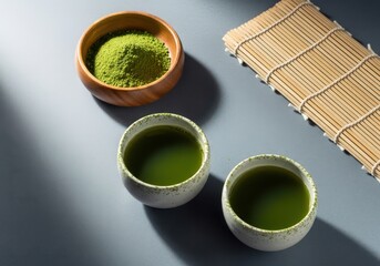 Two ceramic cups of green matcha tea with a bowl of powder on a gray table with a bamboo mat