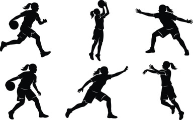 Female, basketball, player, silhouette, set, with, girls, dribbling, shooting, defending, and, jumping, for, sports, team, competition, fitness, exercise, and, training © Shahanaj