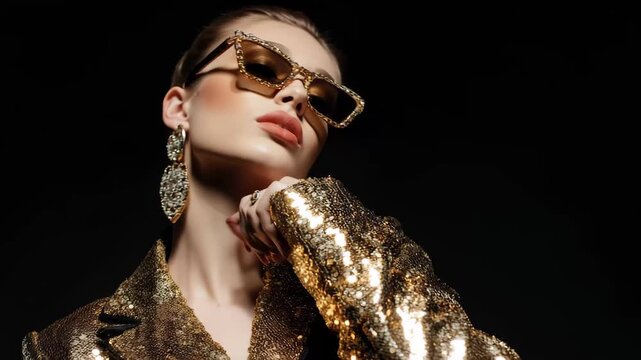 A woman wearing a shimmering gold sequin suit, exuding elegance and style.