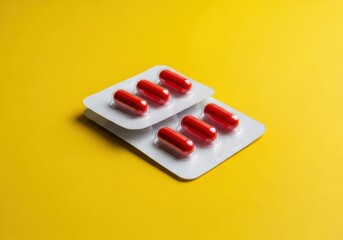 Blister pack of red capsules on a yellow background for medical or pharmaceutical use