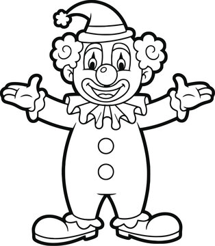 A simple black and white line drawing of a happy clown character with curly hair and outstretched arms.